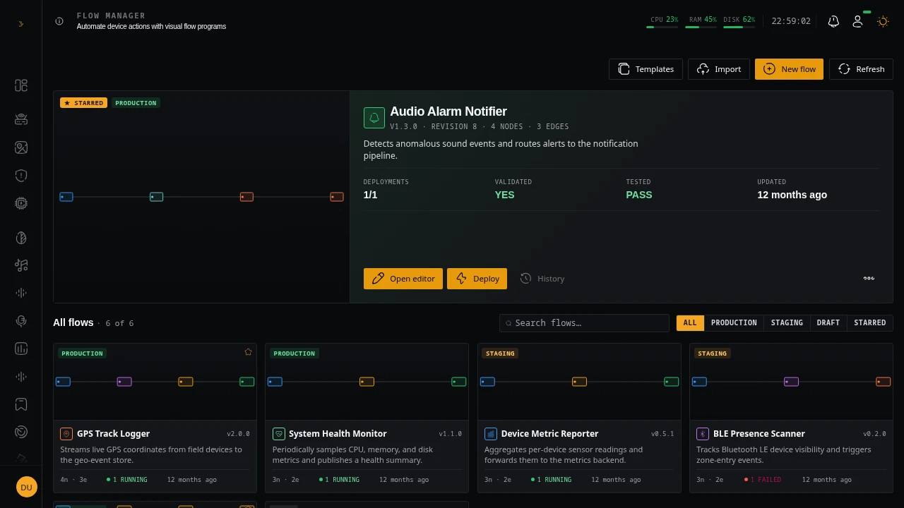 ConHive Automation Manager — visual flow editor